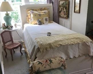 The children’s corner.
The twin sized bed is sold as it sits, dressed in an antique spread.
Notice the perfect children’s chair!