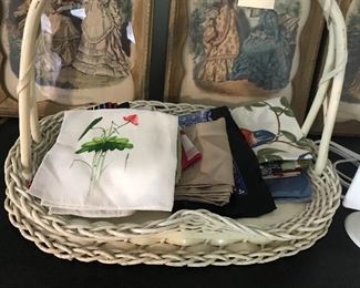 A basket of antique and new ladies hankies 