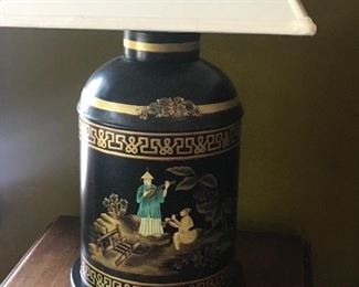 One of a pair of lamps made from antique tea tins 