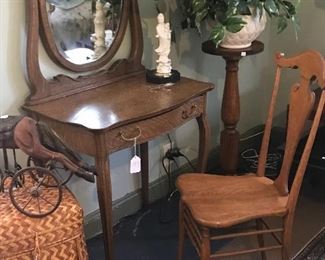 Cute little oak vanity and matching chair, sold as a set