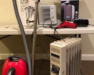 Miele vacuum, space heaters, humidifier, coffee urn, blow-dryer, alarm clock, electronics