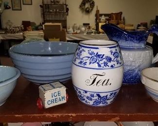Much pottery, glassware and china. Blue  and white pottery