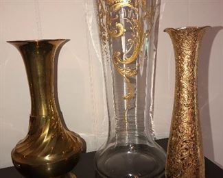 Antique and vintage gold vases, tall 14” Moser vase with panel glass design and gold filigree 