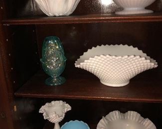 Collection of Fenton pieces, including aqua Fenton fairy lamp with cut glass pineapple design