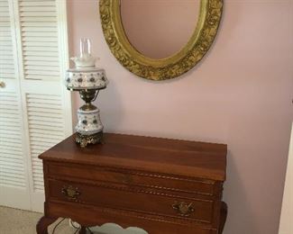 Hand made cherry chest with antique framed mirror