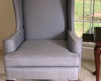 Queen Ann wing back chair upholstered in a great neutral blue fabric