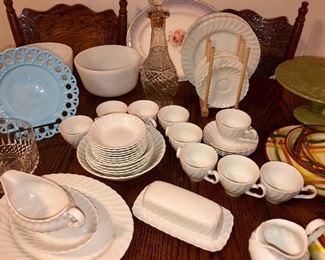 Johnson Brothers every day use china, service for eight, no chips or damage, does have crazing on a few pieces, late 1800s blue milkglass with lace edge