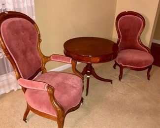 Victorian ladies and gent chairs, with mahogany table
