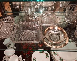 Early pressed glass square butter dish, square bowl, rectangular bowl and sterling rimed mayo set. 