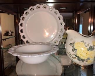 Vintage 50s milk glass bowl and cake plate with lace edge