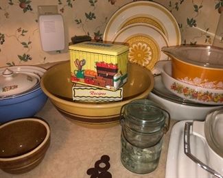 Collection of antique mixing bowls and fire king casserole dishes 
