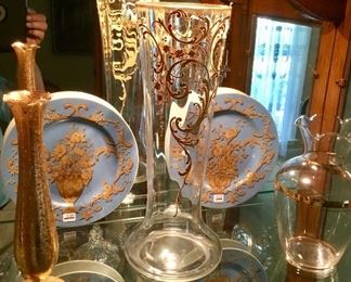 Antique Moser panel crystal design vase with applied gold filigree. 