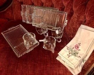 Old candlewick lunch set.  Very unique set shown with antique linens 