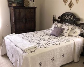 Maltese bedding from Dillard’s, king size for a queen bed.    Thomasville bedroom furniture, pure cotton blanket displayed at foot of bed