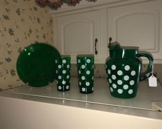 vintage Green with white poke a dots pitcher, large glasses and two dinner size plates 