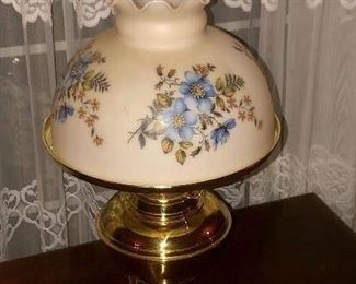 Brass Aladdin burner lamp, chimney and hand painted shade