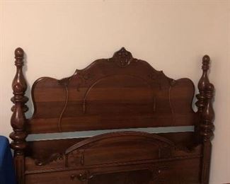Full-size bed with vanity dresser and a unique chest of drawers, made in 1908: Jacobean style with beautiful detail.  Purchased out of a Doctor’s estate in Erin Tennessee. The suite has been refinished.  