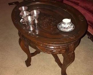 French carved antique tea table with glass tray.  