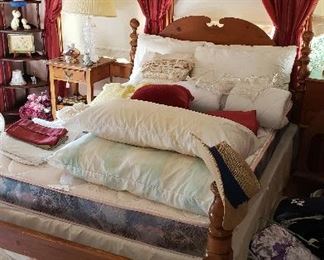 broken pediment bed, mattress, linens, lamps