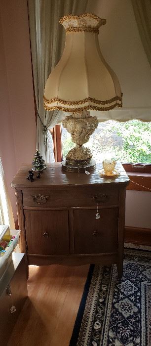 chest, Capodimonte lamp (2), rug