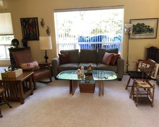 Living Room: Glass Coffee Table, Chairs, Side Tables, Couch, Pictures