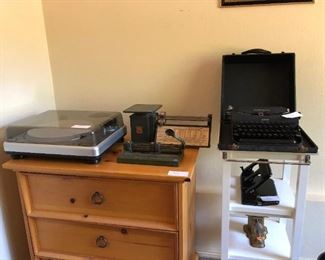 Office: Turn Table, Small Dresser, Vintage Scale, Typewriter, Small Shelf Unit