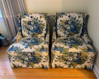 #4 (2) Blue-Flowered Wingback Chairs - Claude Pearson $75 each