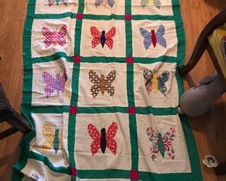 one of several vintage hand pieced quilt tops. Butterflies from old dress scraps. Twin size