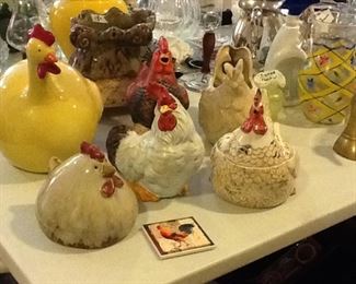 A large variety of pottery roosters