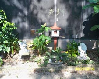 Concrete Smiling Buddha,  Birdhouse on stand (Concrete Bird in Birdhouse), Concrete Squirrel Figure, Large Concrete Low Planter.
