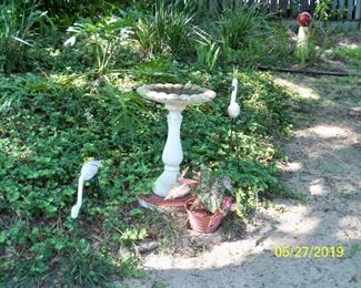 Concrete Bird Bath, 2 - Iron Flamingo yard art.