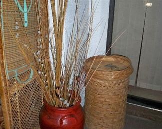 Large Red Pottery Floor Vase, Tall Woven Basket with Lid.