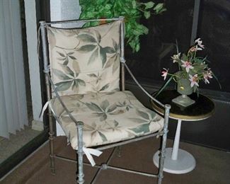 Verdigris Style Patio Arm Chair with seat cushion, White base and Dark Top End Table