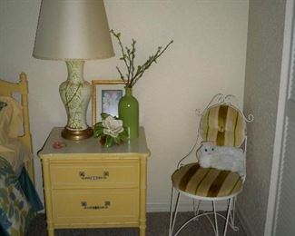 Vintage White Wrought Iron Chair with Upholstered seat and Back, 1 of 2 Vintage Pottery Bamboo Lamp(s).