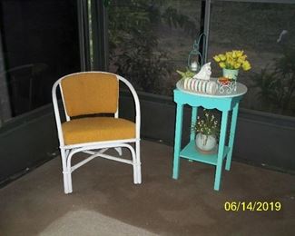 Rattan Curved Back Chair, Turquoise End Table/Plant Stand