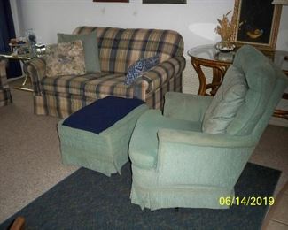Upholstered Green Swivel Rocker with Ottoman, Broyhill Plaid Love seat