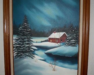 Creekside Cabin in Winter Painting