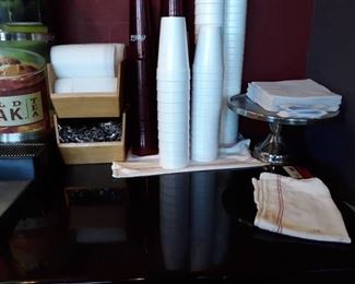 Table - Single Stand, wood counter organizer, Red Coca Cola cups, metal cake stand,