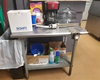 Metal Table, Coffee Maker, Can Opener, and Glass Pie Dish