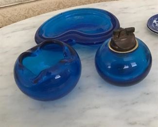 Vintage blue ash tray and lighter  