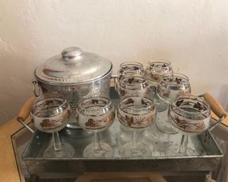 Vintage wine glass set with ice bucket and tray