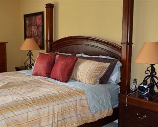 Headboard, Bed, Linens, Pillows, Side Table, Lamps