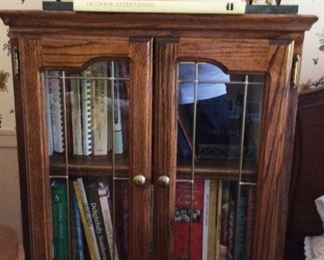 Oak bookcase leaded glass front, cook books Judiaca