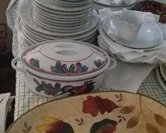 set of china and fall platters and casserole dish