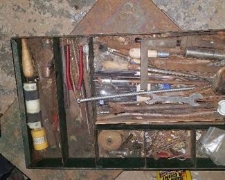 old vintage tools in metal tray with large metal box