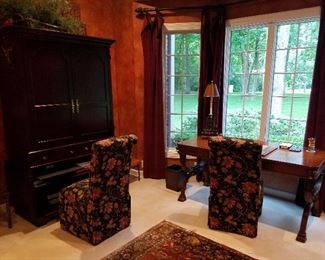 Entertainment center, upholstered chairs, executive desk