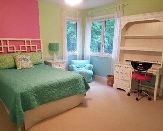 Queen size bed, white painted furniture, soft chair, desk chair