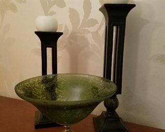 Etched glass compote, pair of metal candle holders
