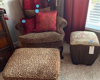 Leopard print wing back chair and ottoman