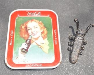 Vintage 1940's Coke Advertising Metal Tray, Cast Iron Beetle Boot Jack, Antique